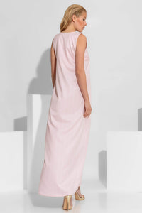 Αμάνικο ροζ ριγέ maxi φόρεμα σε A-line γραμμή με V ντεκολτέ και πλαϊνές τσέπες