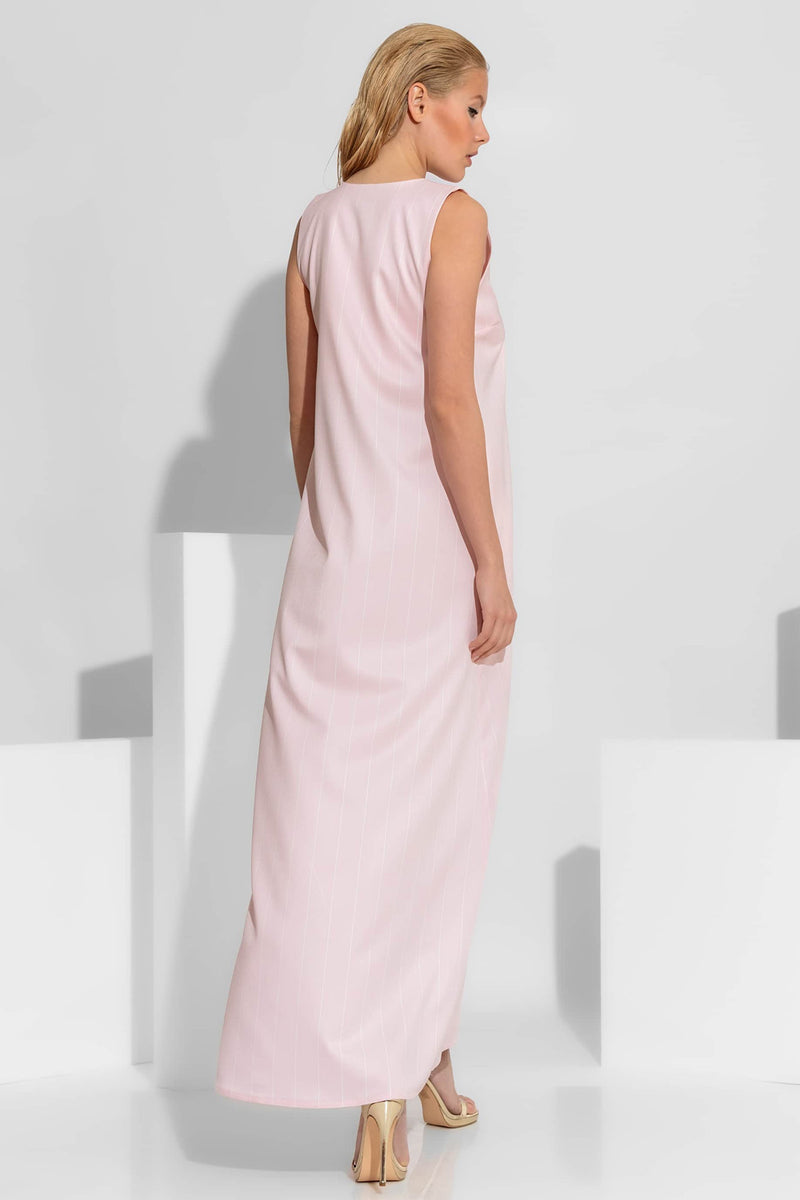 Αμάνικο ροζ ριγέ maxi φόρεμα σε A-line γραμμή με V ντεκολτέ και πλαϊνές τσέπες