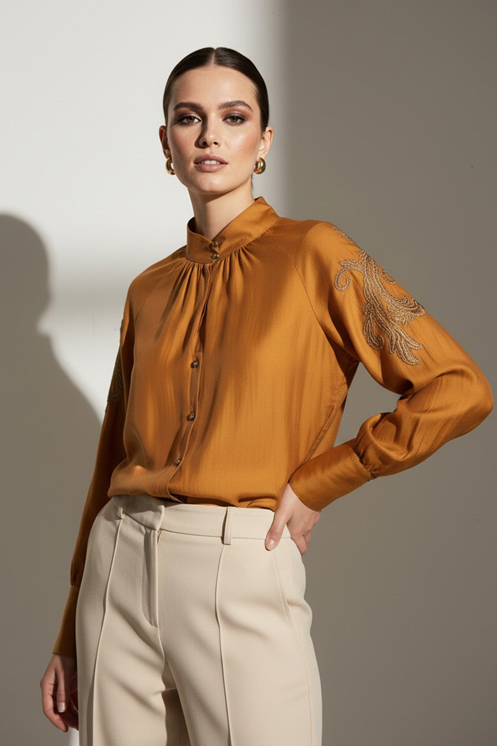 Πουκαμίσα Πορτοκαλί διαφάνεια με κεντητή λεπτομέρεια – iRous