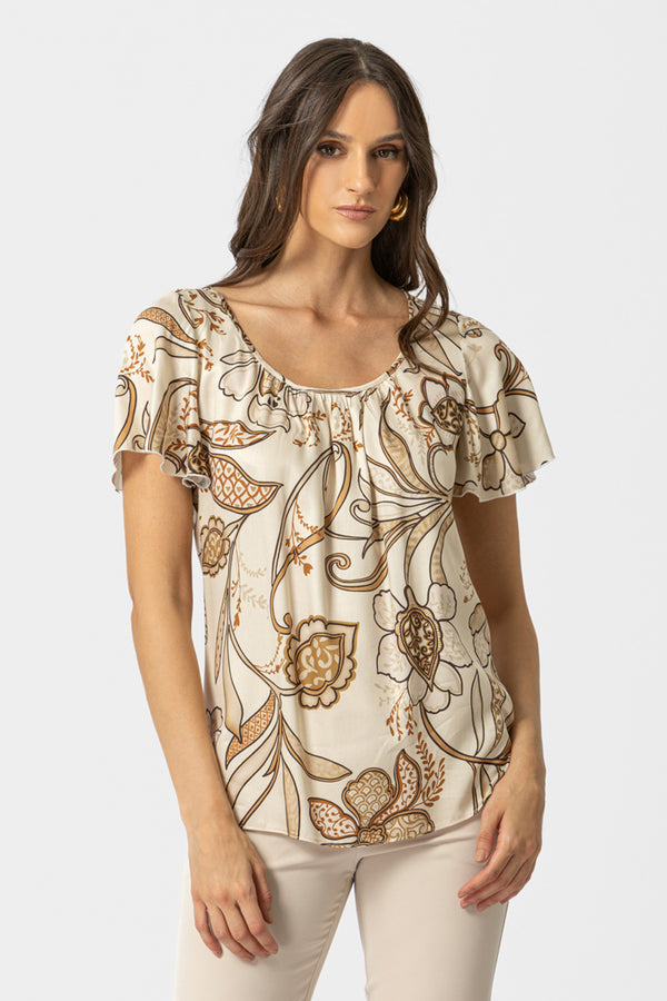 μπεζ μπλούζα με floral μοτίβο και κοντό μανίκι