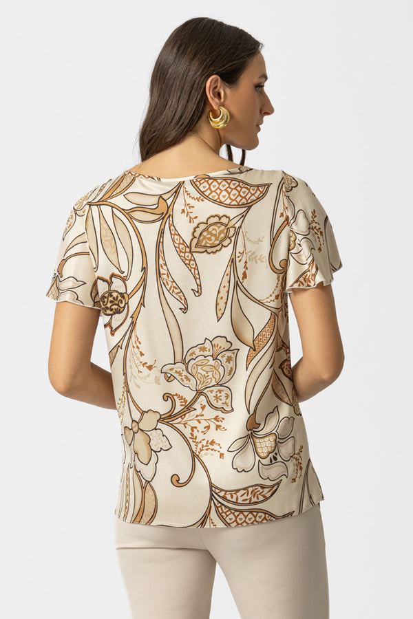 μπεζ μπλούζα με floral μοτίβο και κοντό μανίκι