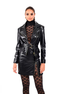 Biker Croco Jacket δερματίνη μαύρο με croco υφή και ζώνη στη μέση