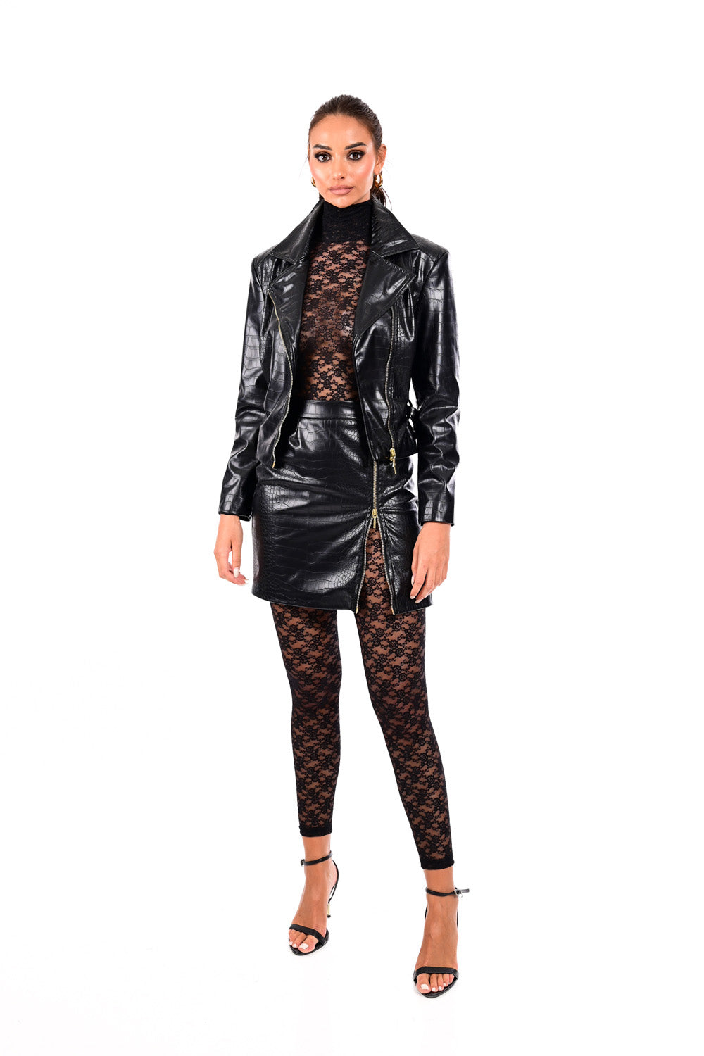 Biker Croco Jacket δερματίνη μαύρο με croco υφή και ζώνη στη μέση