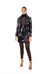 Biker Croco Jacket δερματίνη μαύρο με croco υφή και ζώνη στη μέση