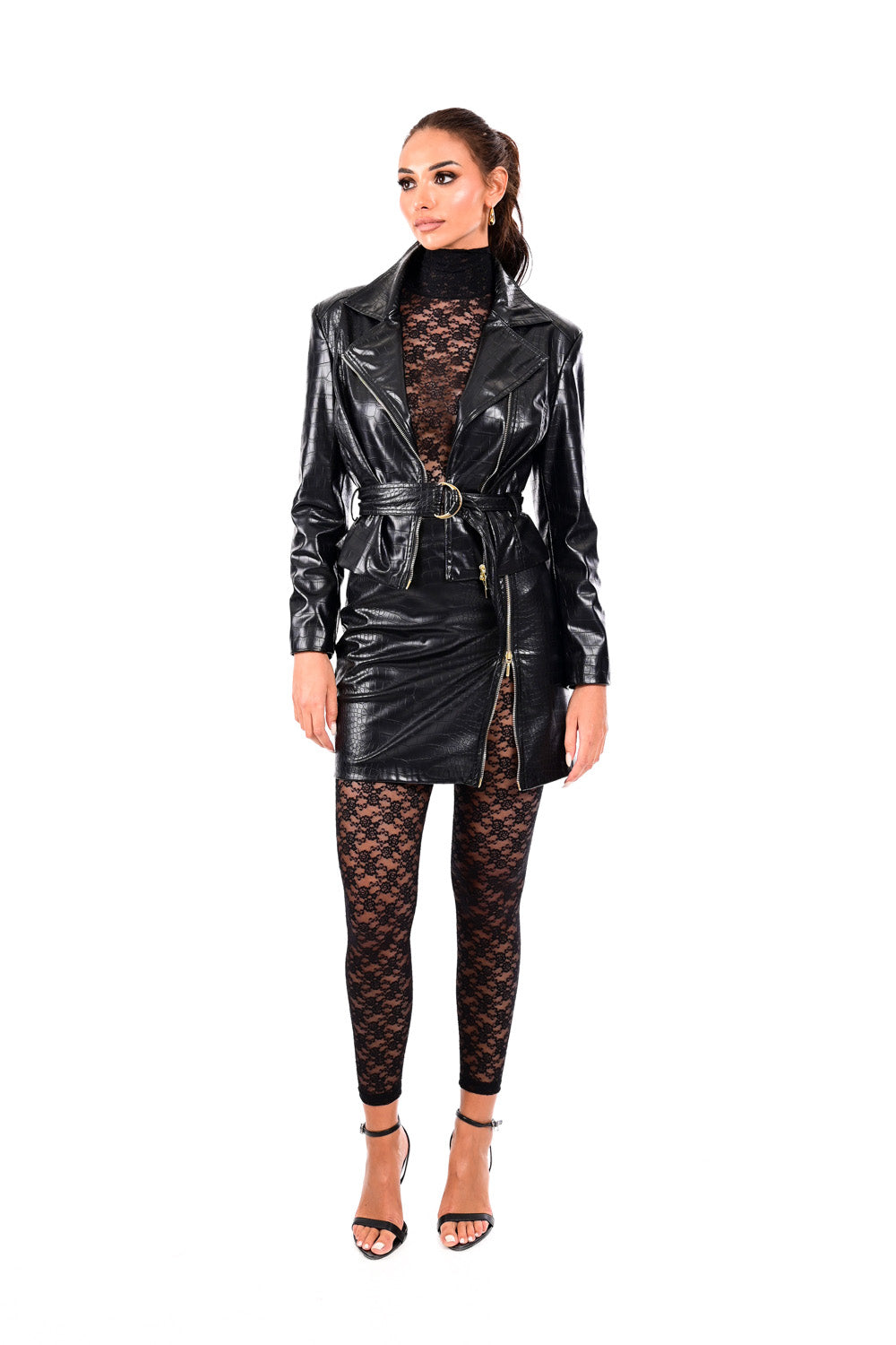 Biker Croco Jacket δερματίνη μαύρο με croco υφή και ζώνη στη μέση