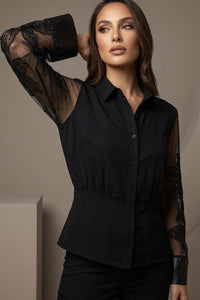 Μαύρο γυναικείο πουκάμισο με διάφανα διακοσμητικά μανίκια και κουμπιά μπροστά, κομψή εφαρμογή