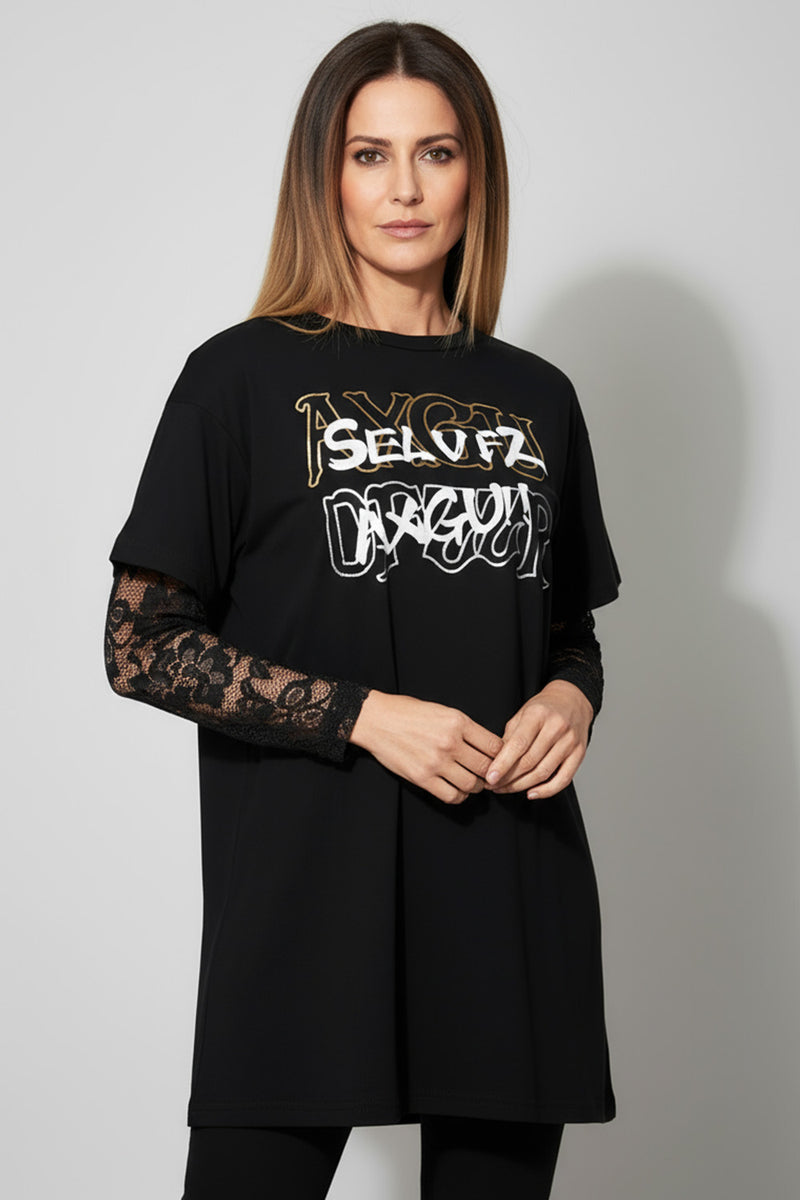 Μαύρη μπλούζα με δαντελένα μανίκια και τύπωμα από την Ellisargi Boutique