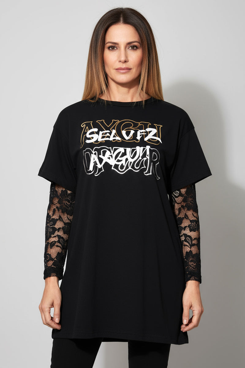 Μαύρη μπλούζα με δαντελένα μανίκια και τύπωμα από την Ellisargi Boutique