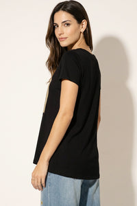 Μαύρο γυναικείο T-shirt με κοντό μανίκι και χρυσό print Amazing στο μπροστινό μέρος