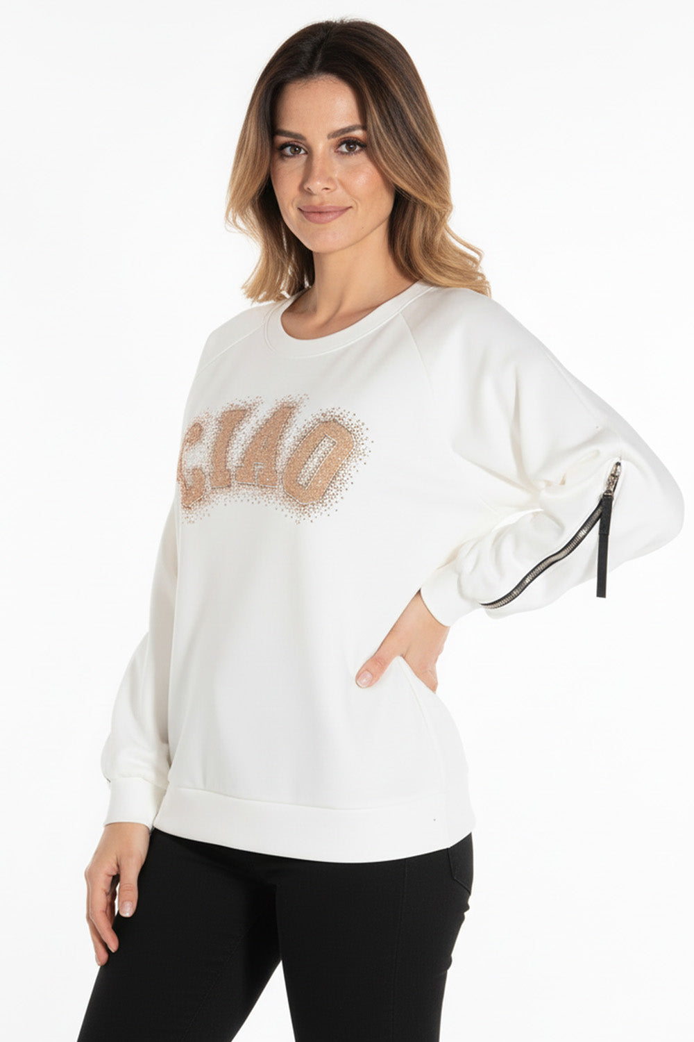 Λευκή μπλούζα CIAO με χρυσή στάμπα και φερμουάρ στα μανίκια