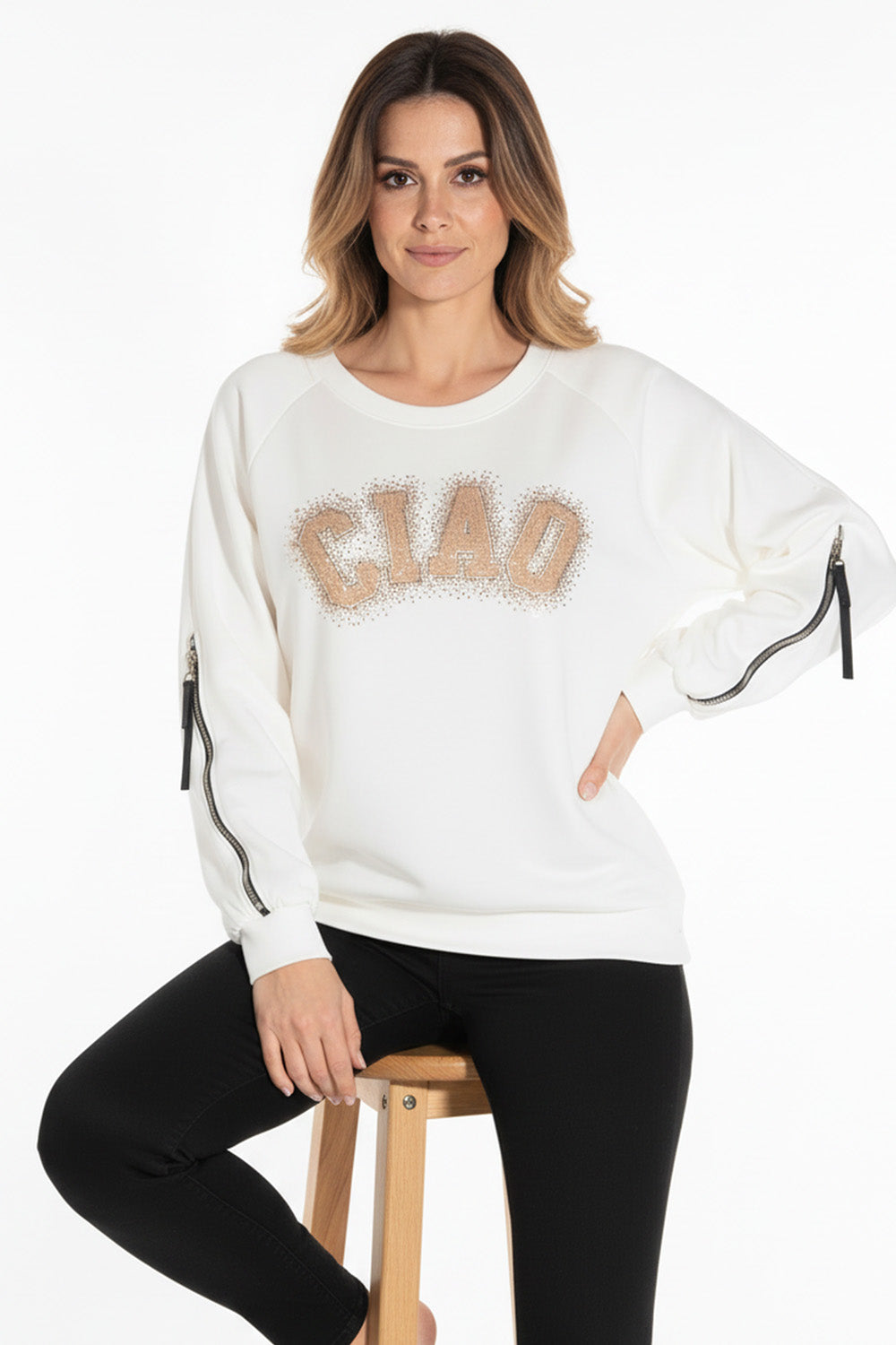 Λευκή μπλούζα CIAO με χρυσή στάμπα και φερμουάρ στα μανίκια