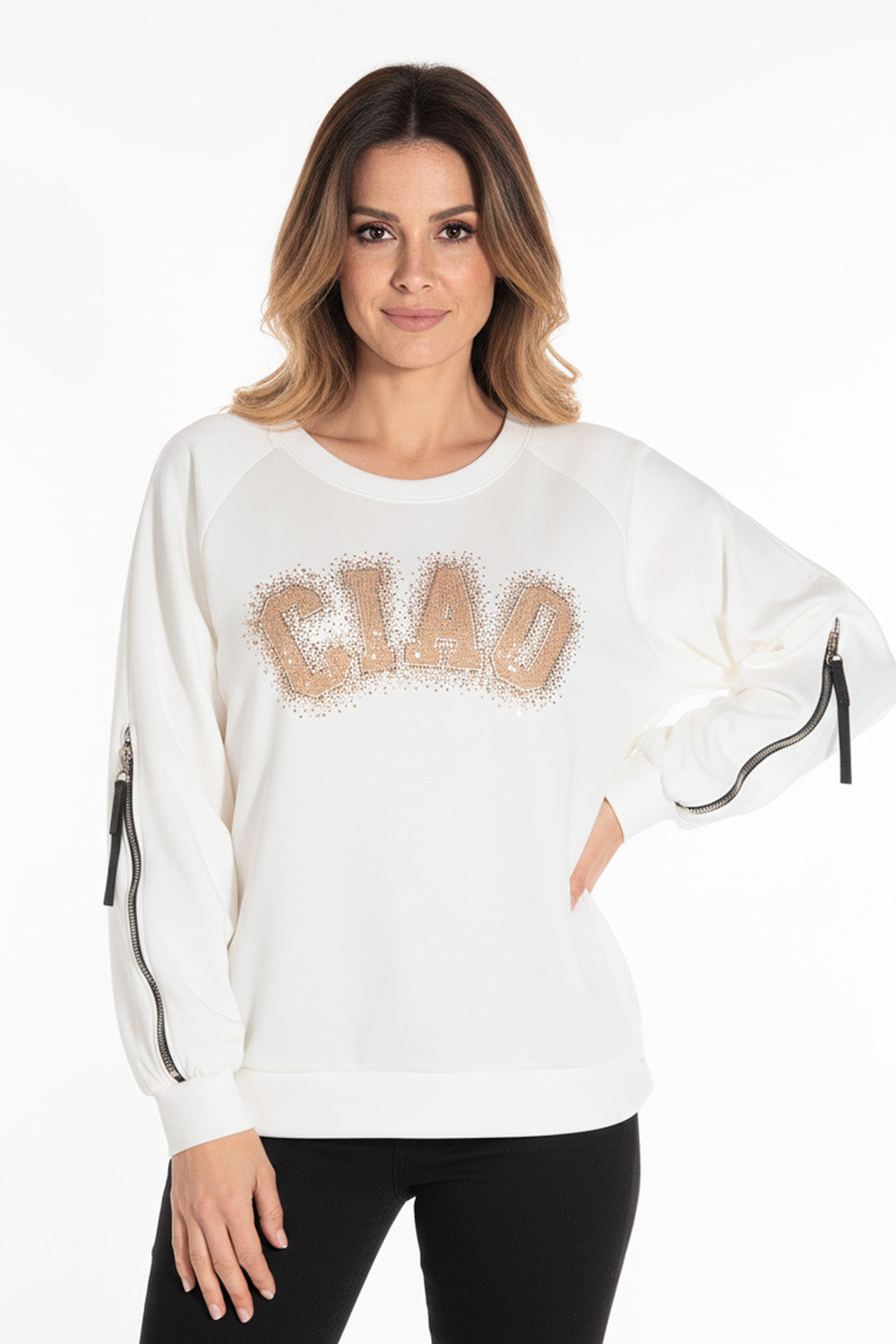 Λευκή μπλούζα CIAO με χρυσή στάμπα και φερμουάρ στα μανίκια