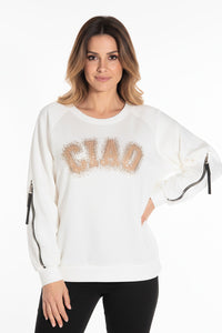 Λευκή μπλούζα CIAO με χρυσή στάμπα και φερμουάρ στα μανίκια