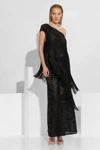 μαύρη μπλούζα δαντέλα ένας ώμος με μακριά κρόσσια στο τελείωμα