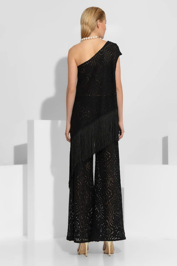 μαύρη μπλούζα δαντέλα ένας ώμος με μακριά κρόσσια στο τελείωμα