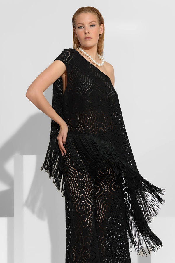 μαύρη μπλούζα δαντέλα ένας ώμος με μακριά κρόσσια στο τελείωμα