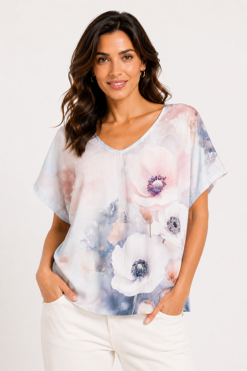 Μπλούζα Floral Watercolor με V Λαιμόκοψη