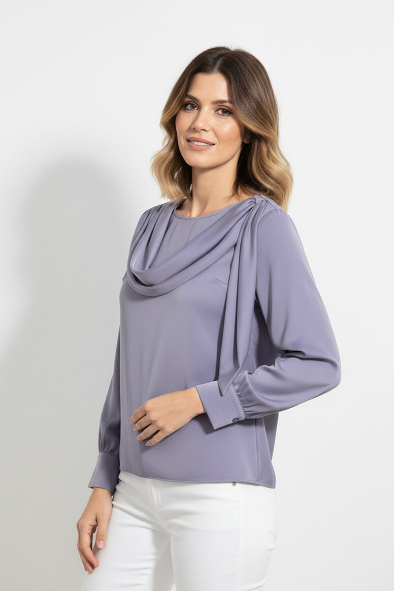 Λιλά μπλούζα με drape λεπτομέρεια και μακριά μανίκια σε κομψή γραμμή
