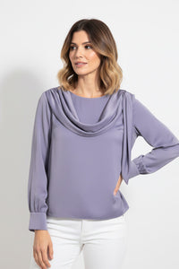 Λιλά μπλούζα με drape λεπτομέρεια και μακριά μανίκια σε κομψή γραμμή