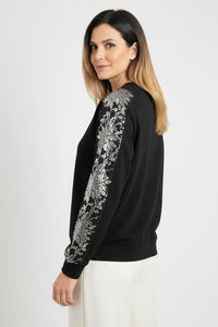 Μαύρη μπλούζα με παγιέτες σε floral σχέδιο στα μανίκια, elegant top Ellisargi Boutique