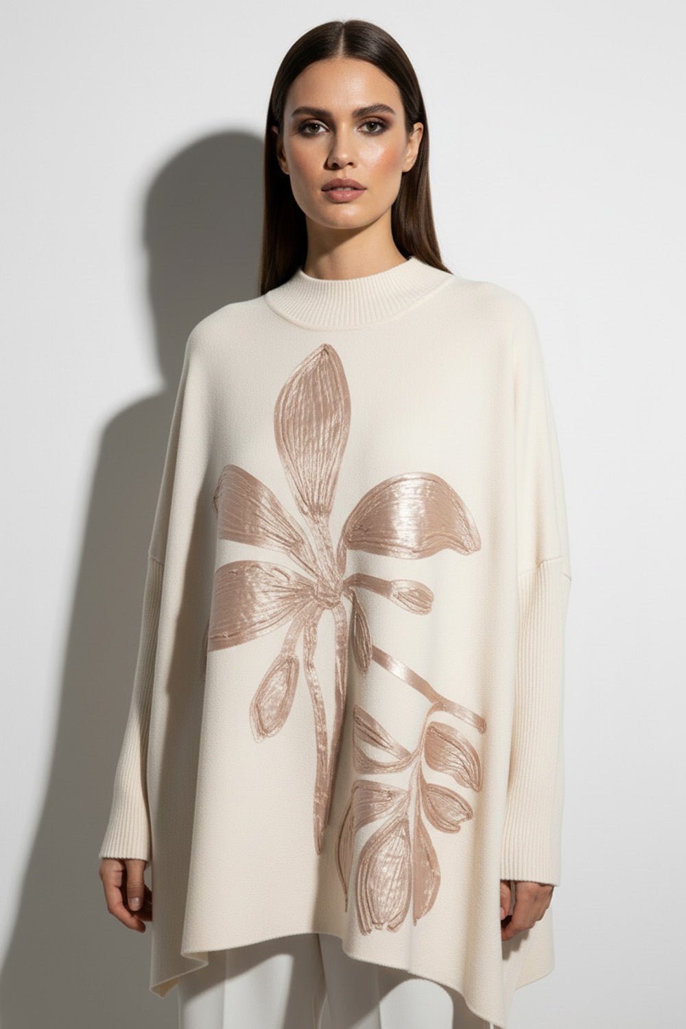 Πλεκτή Μπλούζα Oversized με Ανάγλυφη Λουλουδάτη Λεπτομέρεια
