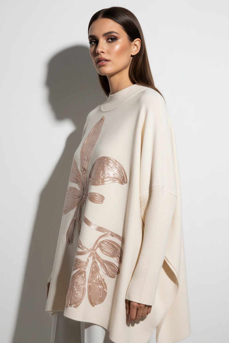 Πλεκτή Μπλούζα Oversized με Ανάγλυφη Λουλουδάτη Λεπτομέρεια