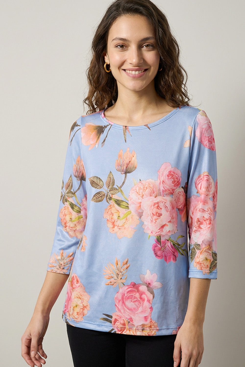 Μπλούζα Floral Σιέλ με Ροζ Λουλούδια