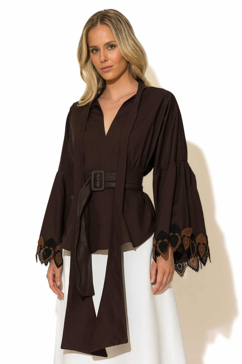 Boho καφέ πουκάμισο με φουλάρι και δαντέλα στα μανίκια
