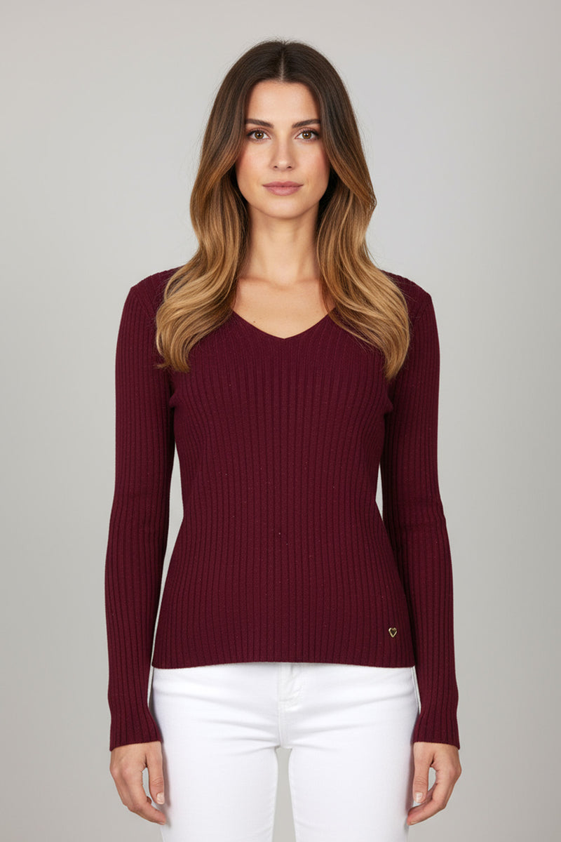 Μπορντό πλεκτή ριπ μπλούζα με V λαιμόκοψη από την Ellisargi Boutique