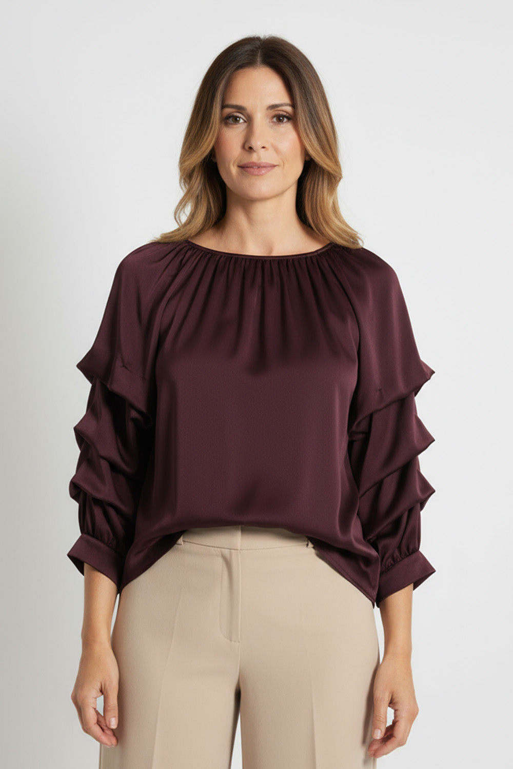 Μπορντό σατινέ μπλούζα με βολάν στα μανίκια