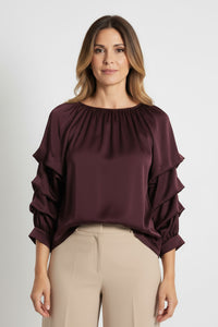 Μπορντό σατινέ μπλούζα με βολάν στα μανίκια