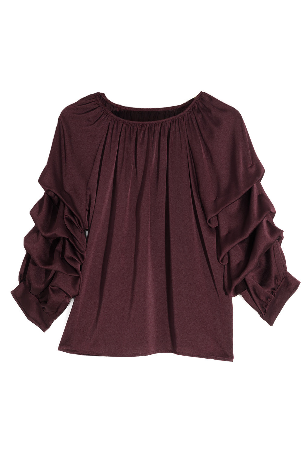 Μπορντό σατινέ μπλούζα με βολάν στα μανίκια