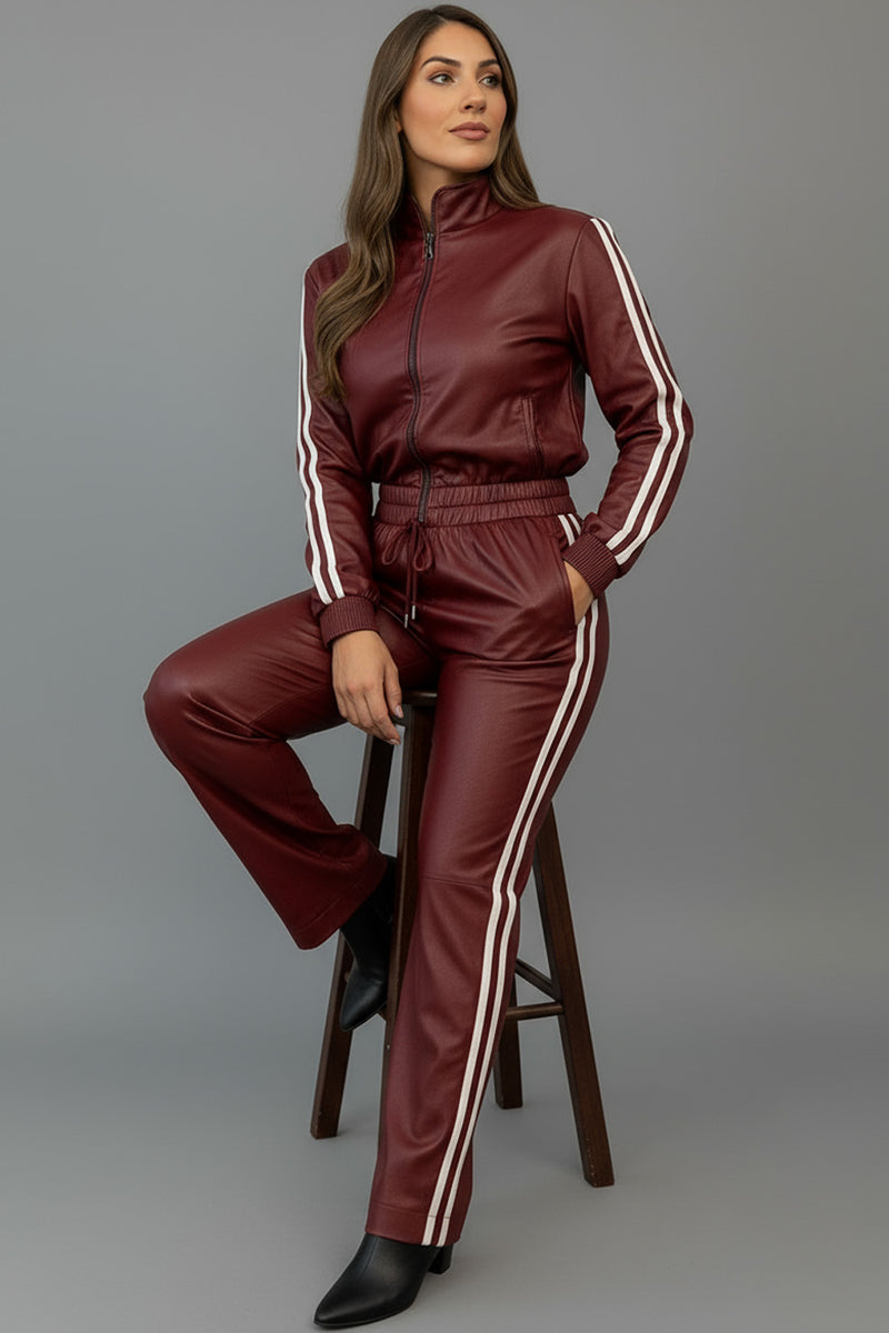 Μπορντό σετ δερματίνη με λευκές ρίγες, ζακέτα με φερμουάρ και παντελόνι με λάστιχο – Ellisargi Boutique