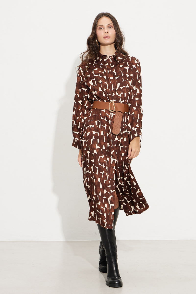 Καφέ midi φόρεμα πουκαμίσο με γεωμετρικό print και ζώνη στη μέση από την Ellisargi Boutique