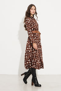 Καφέ midi φόρεμα πουκαμίσο με γεωμετρικό print και ζώνη στη μέση από την Ellisargi Boutique