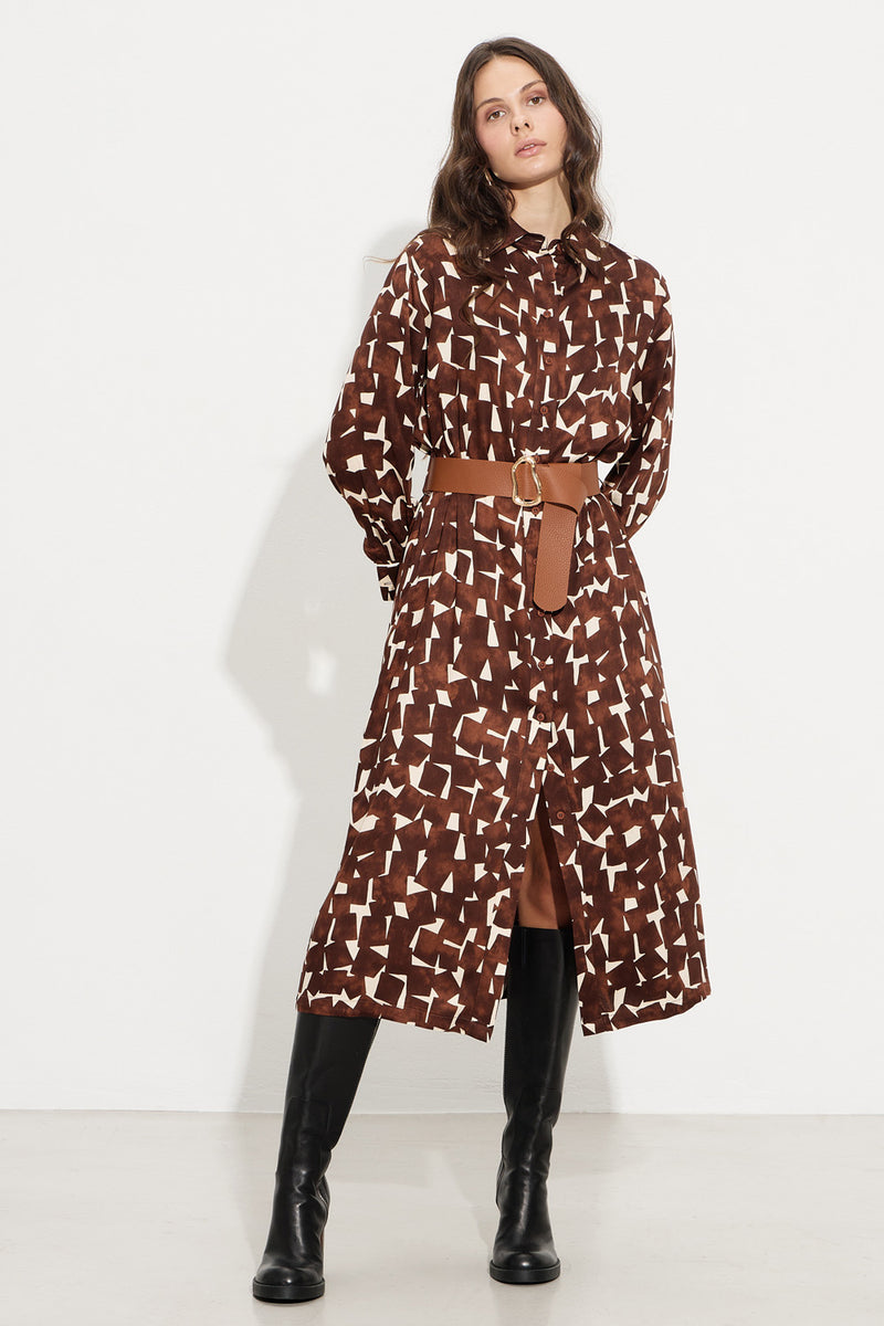 Καφέ midi φόρεμα πουκαμίσο με γεωμετρικό print και ζώνη στη μέση από την Ellisargi Boutique