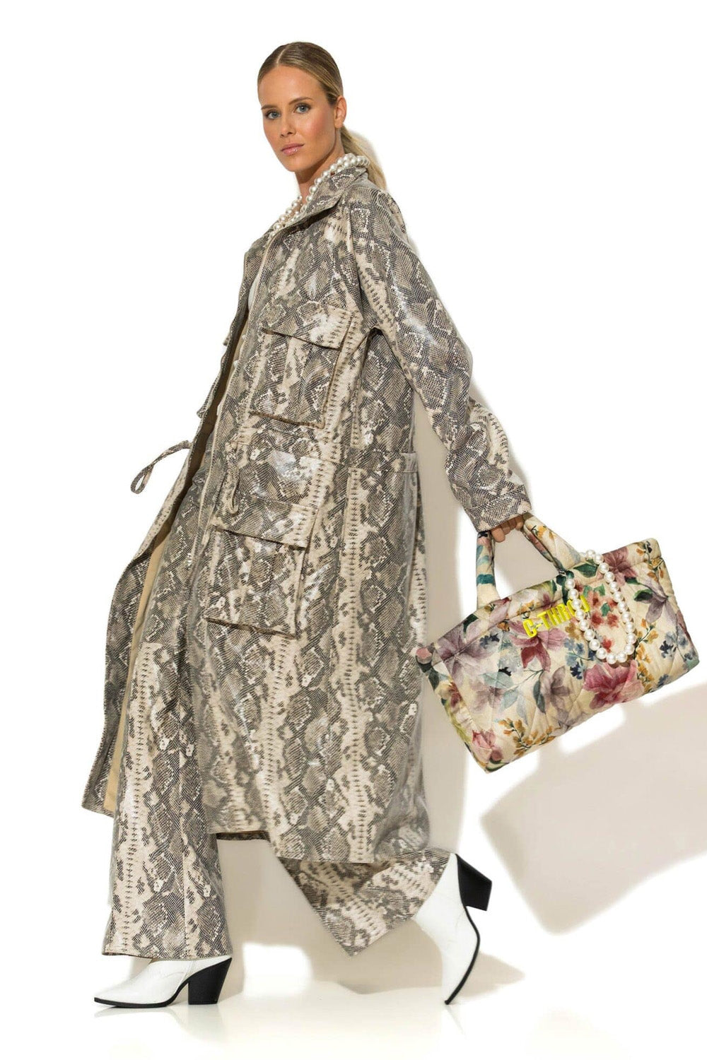 Μακρύ παρκά snake print C-THROU με ζώνη και τσέπες
