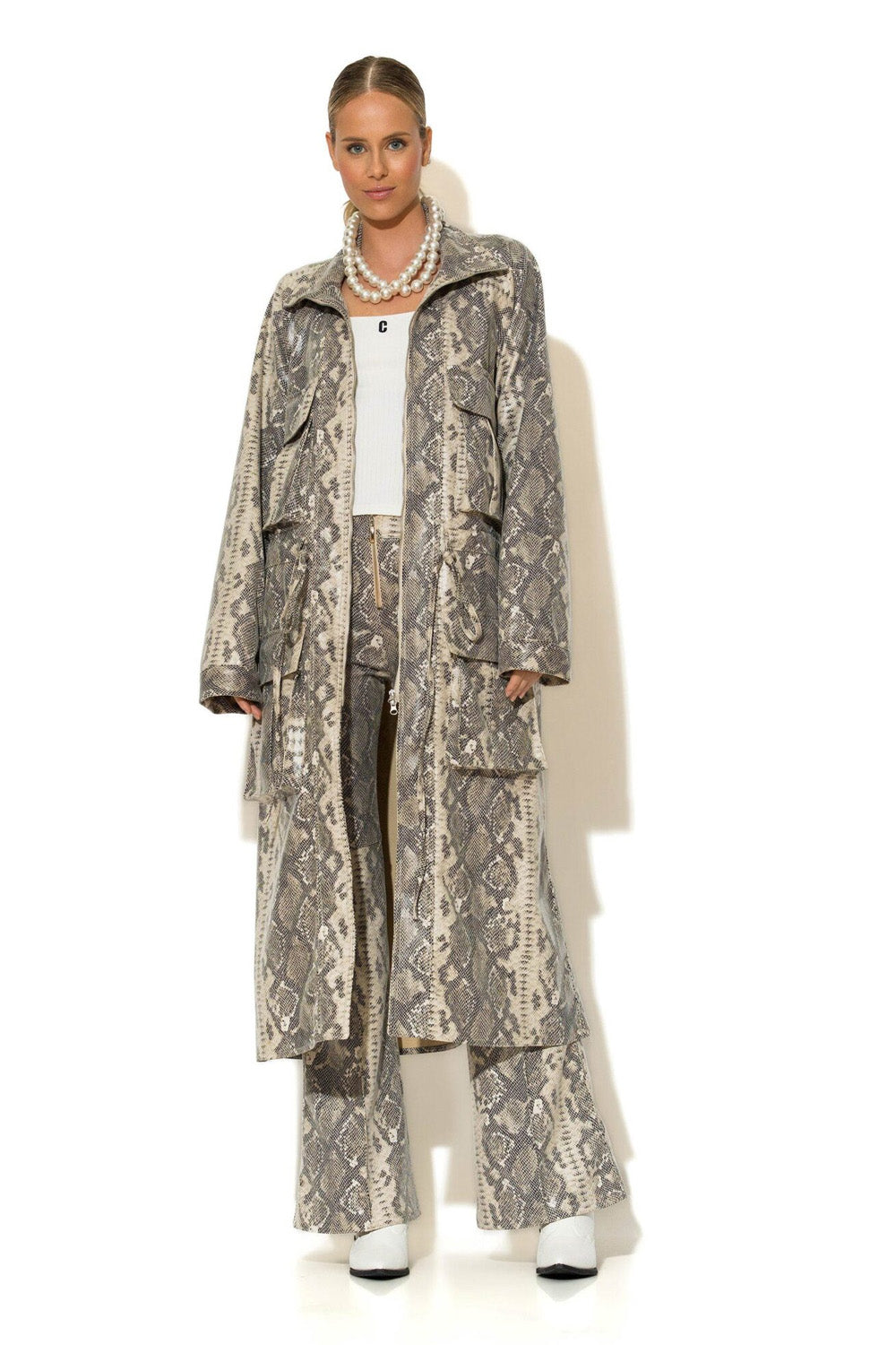 Μακρύ παρκά snake print C-THROU με ζώνη και τσέπες