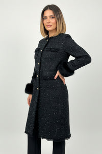 Σκούρο Μπλε Tweed Παλτό με Αποσπώμενες Γούνινες Μανσέτες