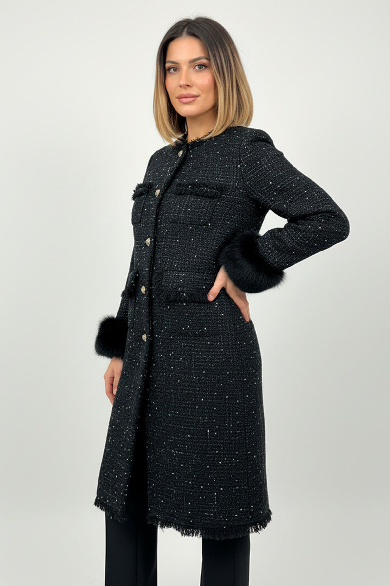 Σκούρο Μπλε Tweed Παλτό με Αποσπώμενες Γούνινες Μανσέτες
