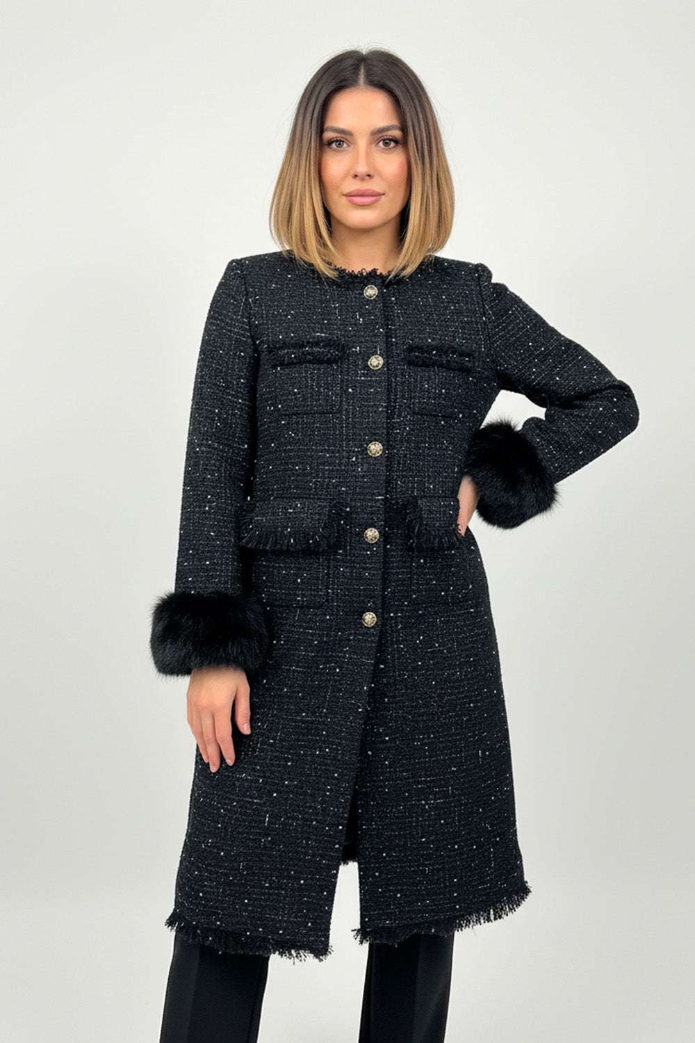 Σκούρο Μπλε Tweed Παλτό με Αποσπώμενες Γούνινες Μανσέτες