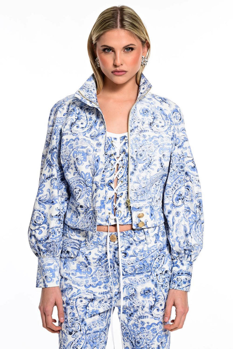 μπλε λευκό jacket cropped με paisley print και ψηλό γιακά