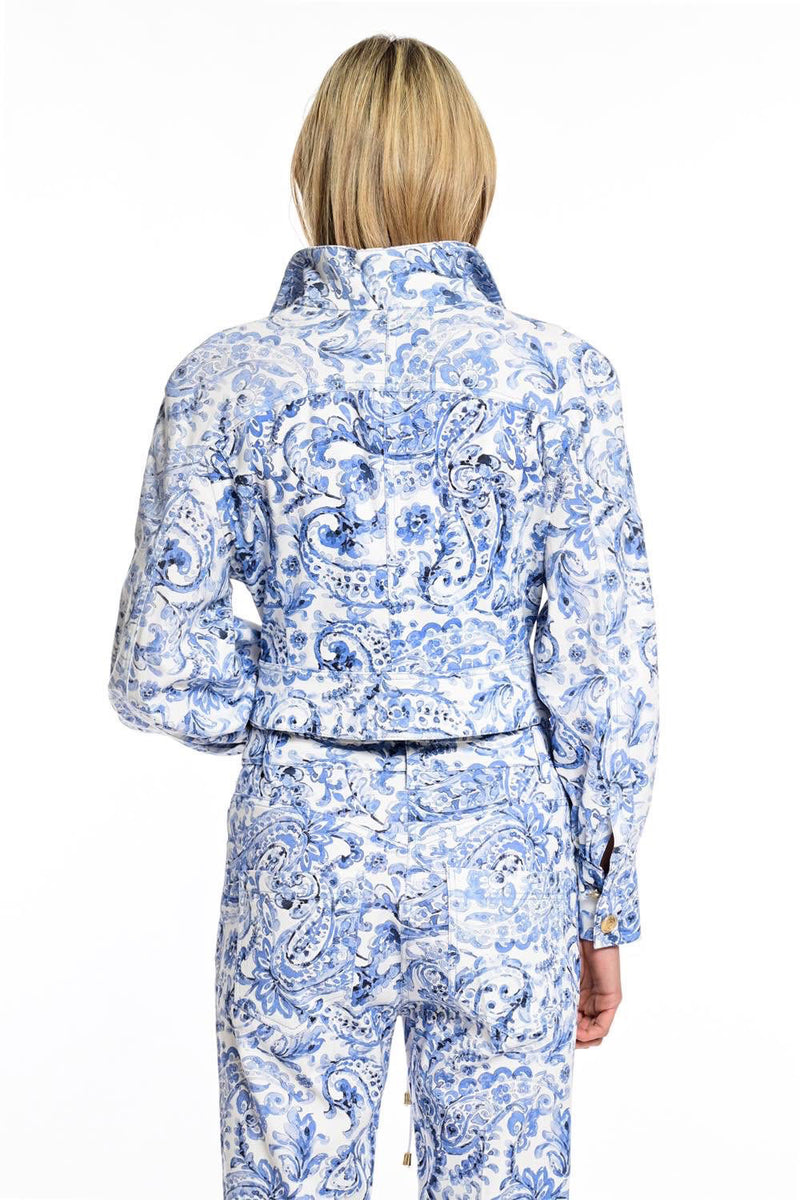 μπλε λευκό jacket cropped με paisley print και ψηλό γιακά