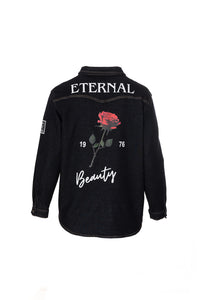 Denim jacket σκούρο μπλε με στάμπα τριαντάφυλλο Ellisargi Boutique