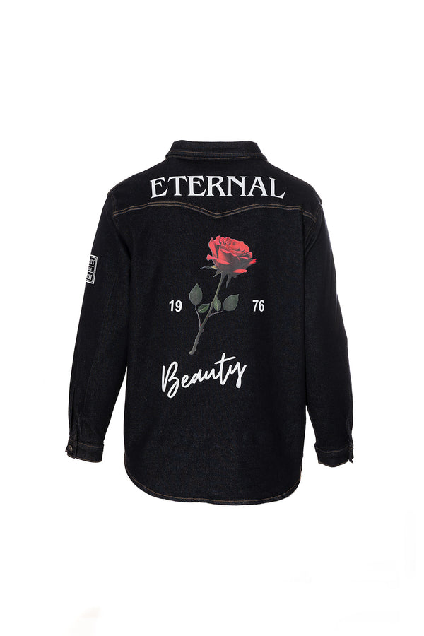 Denim jacket σκούρο μπλε με στάμπα τριαντάφυλλο Ellisargi Boutique