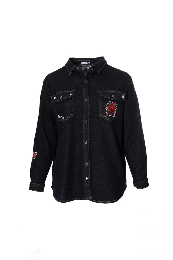 Denim jacket σκούρο μπλε με στάμπα τριαντάφυλλο Ellisargi Boutique