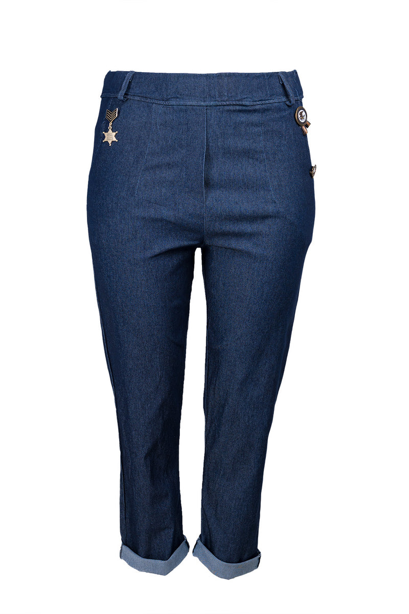 Γυναικείο παντελόνι denim-look με ρεβέρ και μεταλλικές λεπτομέρειες