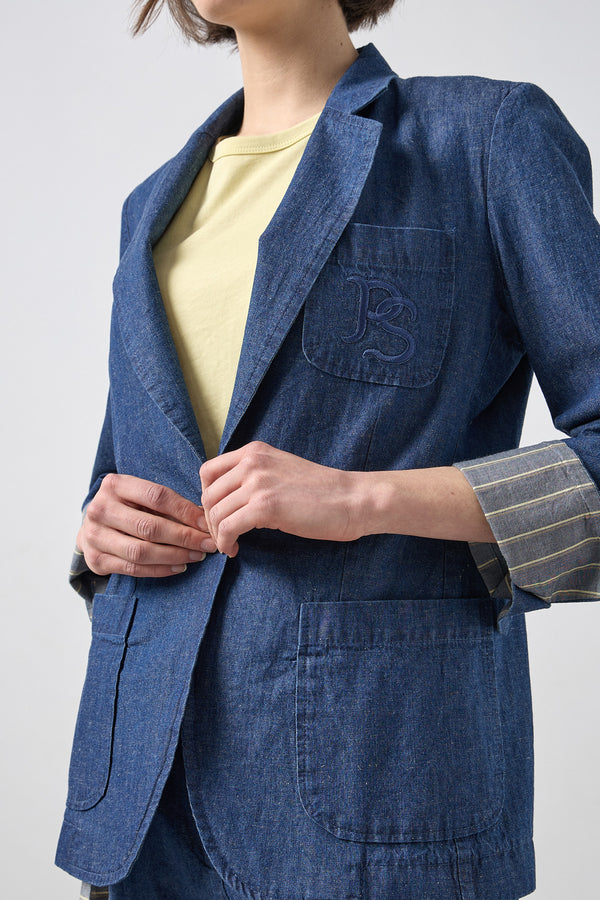 Γυναικείο μπλε denim σακάκι με patch τσέπες και πέτο σε βαμβακερό ύφασμα