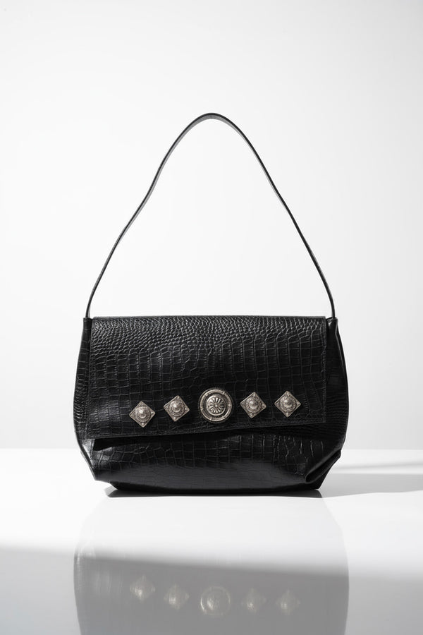 Χειροποίητη δερμάτινη τσάντα ώμου μαύρη croco με μεταλλικά κουμπώματα Lavita – Ellisargi Boutique