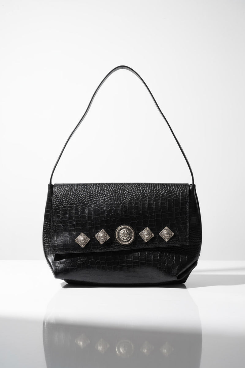 Χειροποίητη δερμάτινη τσάντα ώμου μαύρη croco με μεταλλικά κουμπώματα Lavita – Ellisargi Boutique